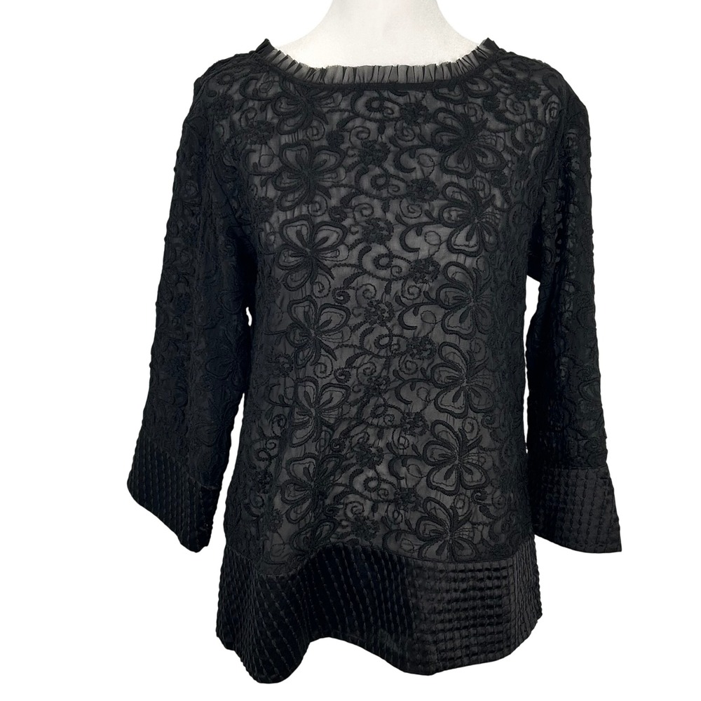 Sundance Black Floral Embroidered Sheer Ruffle Whimsigoth 3/4 Sleeve Size M